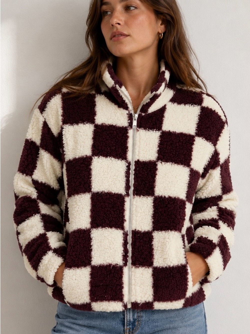 Checkerboard Sherpa Zip Jacket - Burgundy & Cream